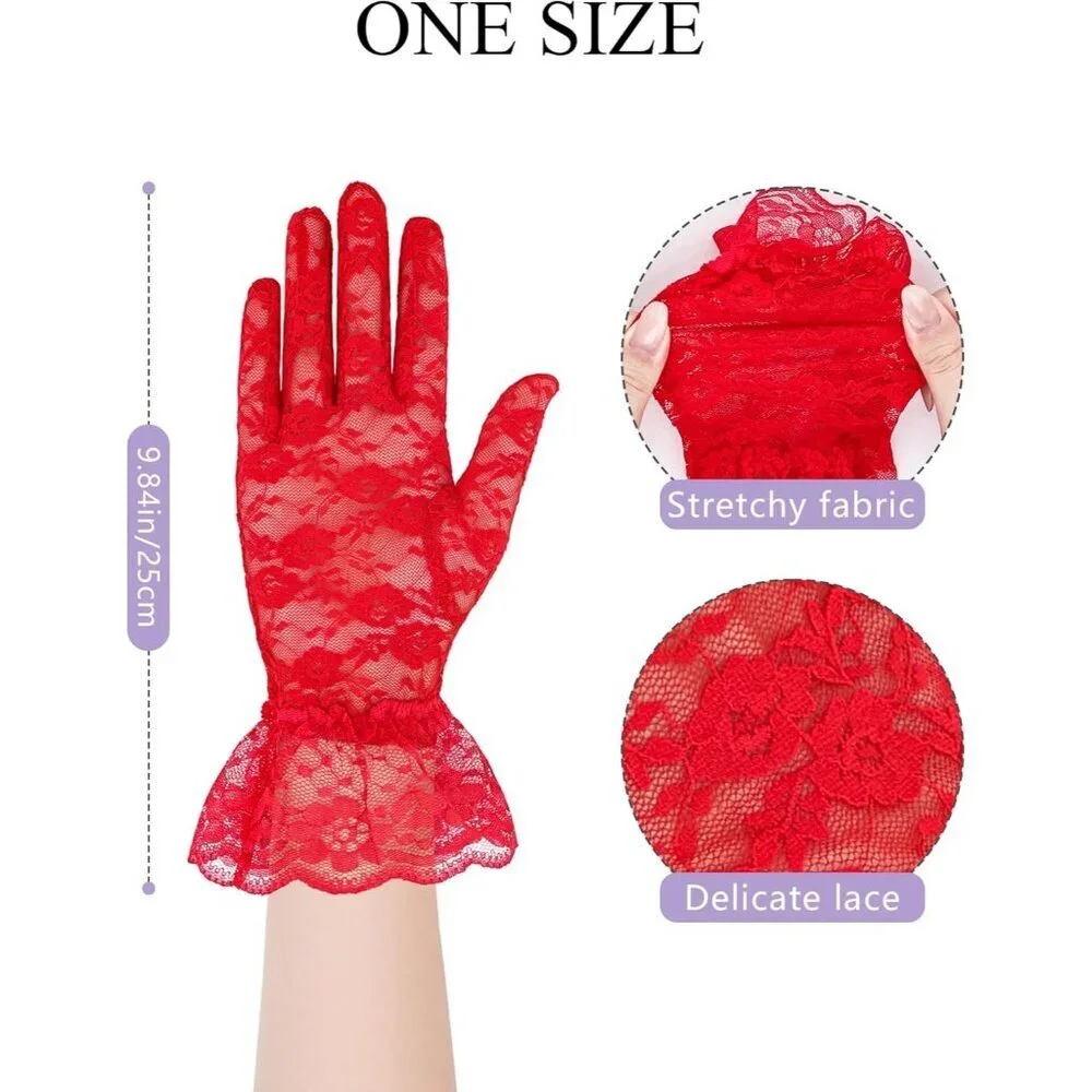 Women's Red Short Nylon Mesh Imported Nylon Sheer Lace Ruffles Gloves